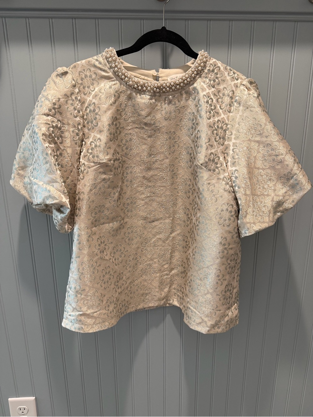 Pearl-Trim Cream Brocade Puff-Sleeve Blouse